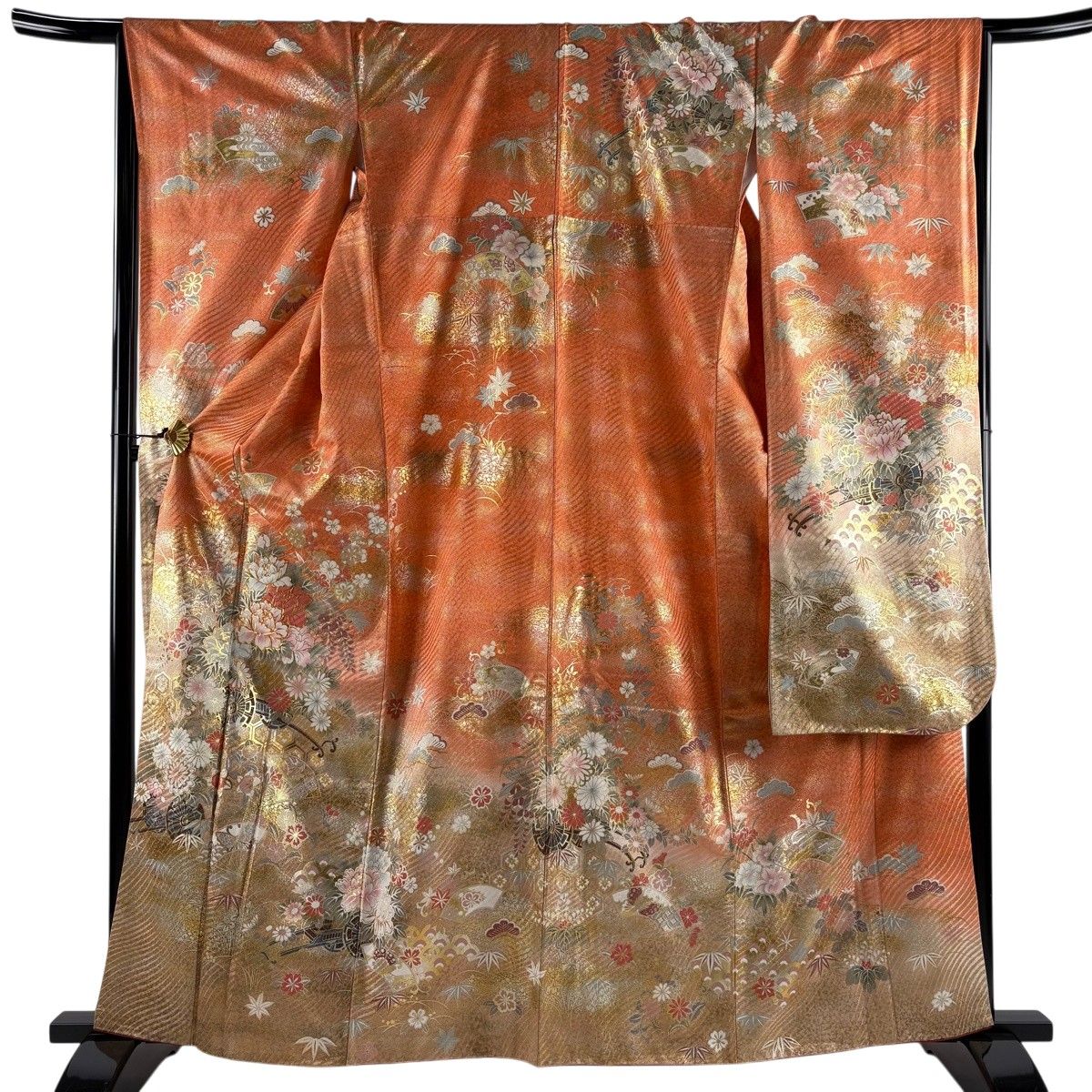 【美品】 振袖 身丈162.5cm 裄丈66cm M 袷 花車 扇 金糸 金銀彩 オレンジ 正絹 名品 【中古】