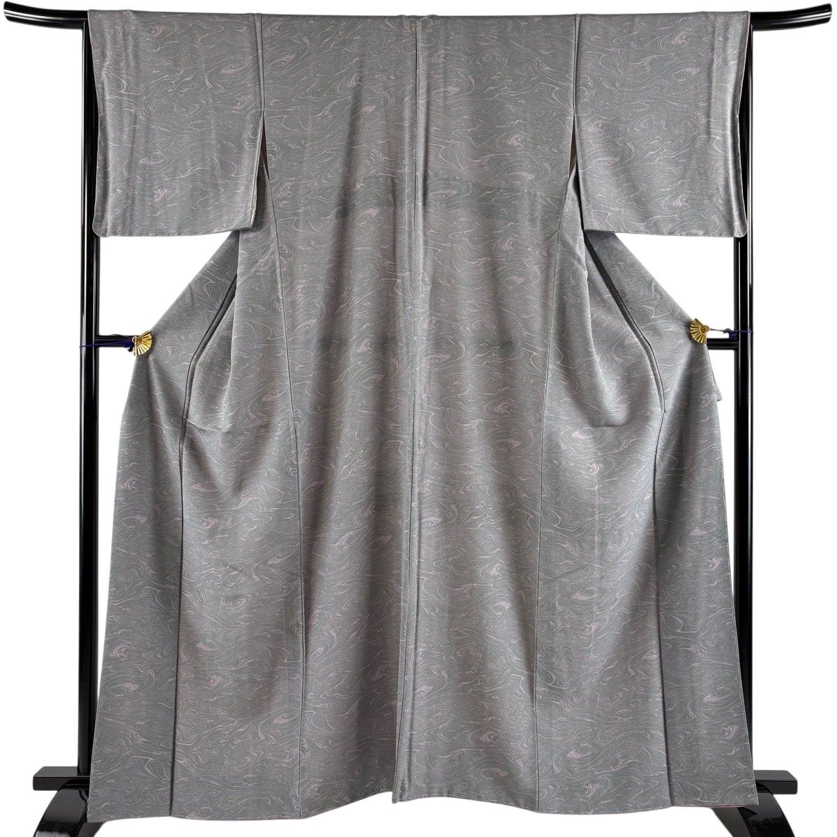 【美品】 小紋 身丈161cm 裄丈67.5cm L 袷 墨流し 灰緑 正絹 名品 一つ紋 【中古】