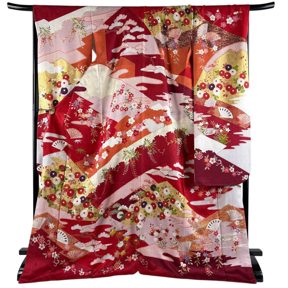 振袖 身丈174.5cm 裄丈70cm L 袷 菊 桧扇 金糸 金彩 赤 正絹 名品 【中古】 12,638円