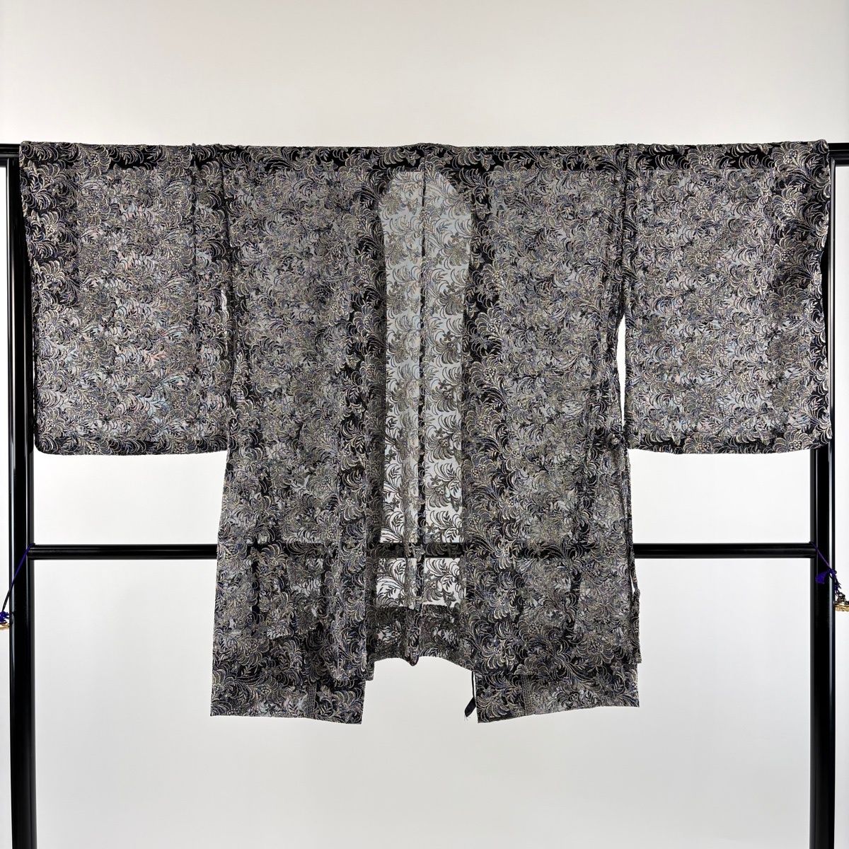 【美品】 道中着 身丈89cm 裄丈70.5cm L 和装コート 草花 刺繍 金糸 青紫 正絹 名品 【中古】