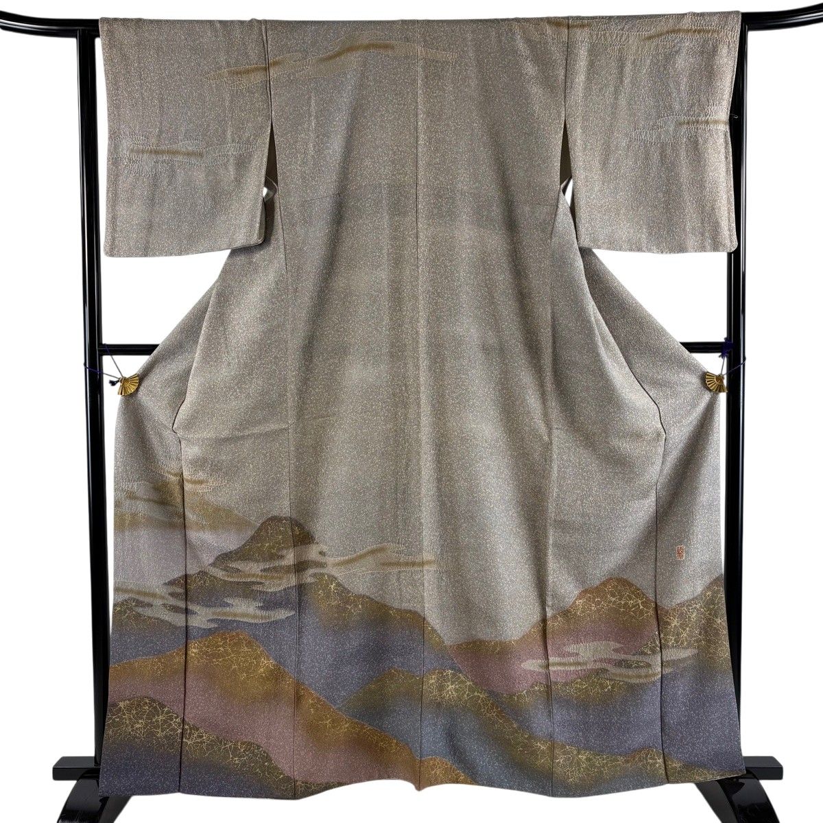訪問着 身丈162.5cm 裄丈64.5cm M 袷 翠山工房 落款 山並み ヱ霞 金彩 絞り 灰茶 正絹 名品 【中古】