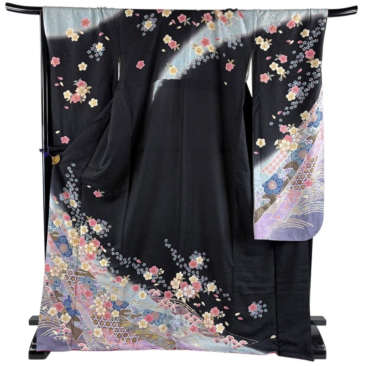 振袖 身丈172cm 裄丈71cm L 袷 鈴乃屋 桜 熨斗 銀通し 金糸 黒 正絹 名品 【中古】