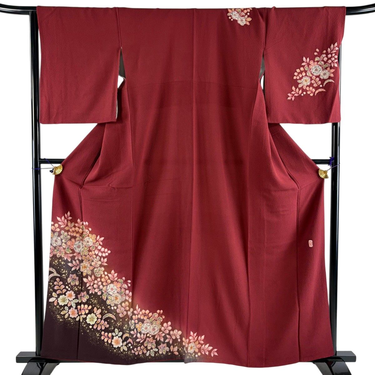 【美品】 訪問着 身丈159.5cm 裄丈66.5cm M 袷 翠山工房 やまと 落款 辻が花 金彩 ぼかし えんじ色 正絹 名品 【中古】