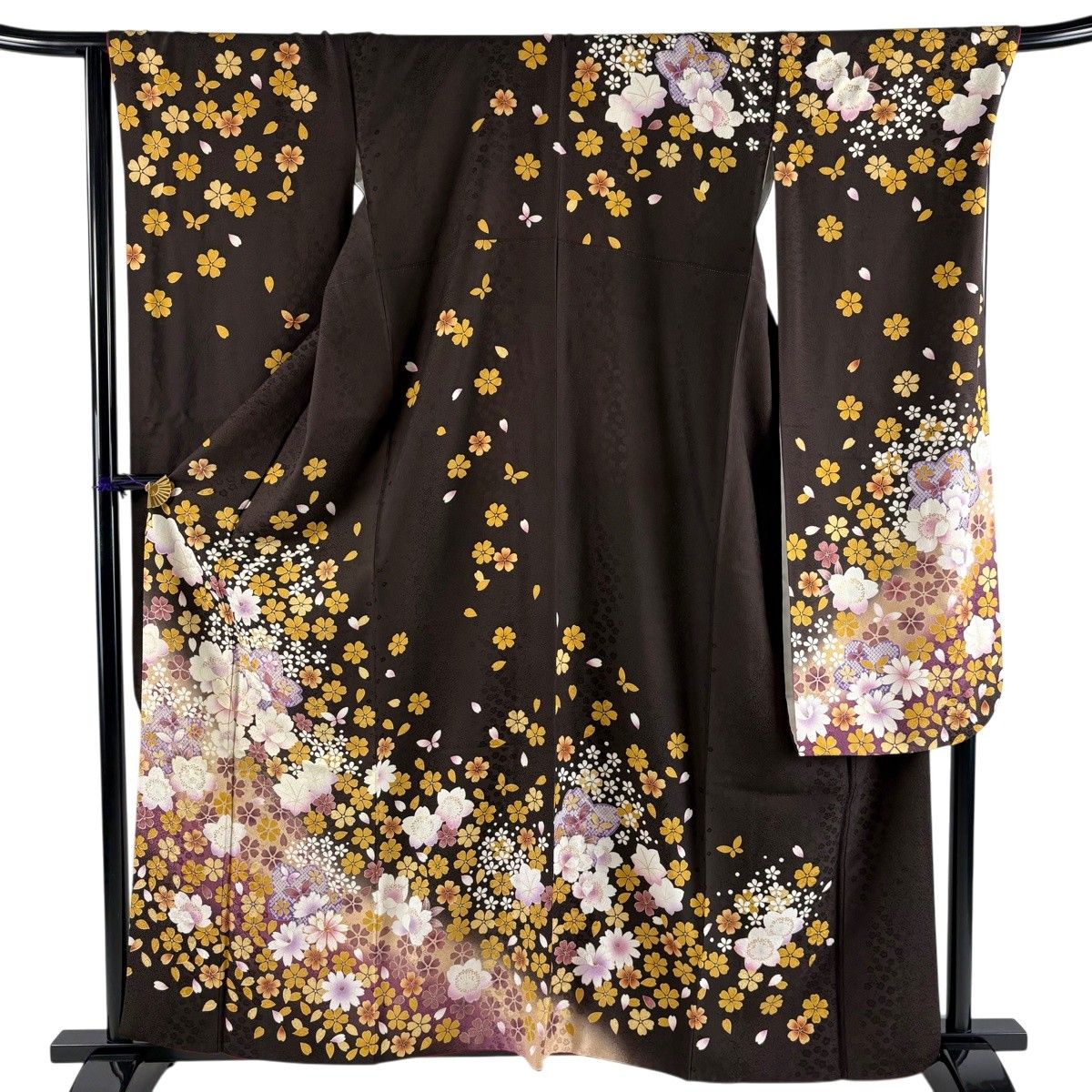 振袖 身丈161cm 裄丈67cm M 袷 鈴乃屋 桜 蝶 金糸 金彩 焦茶色 正絹 名品 【中古】