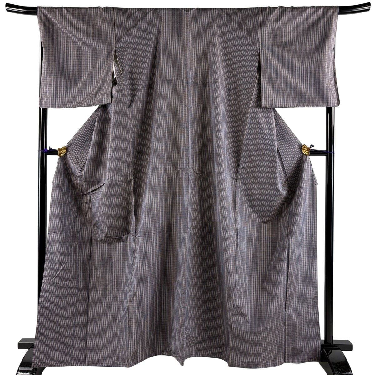大島紬 身丈165cm 裄丈68.5cm L 袷 証紙 縞格子 灰紫 正絹 名品 【中古】