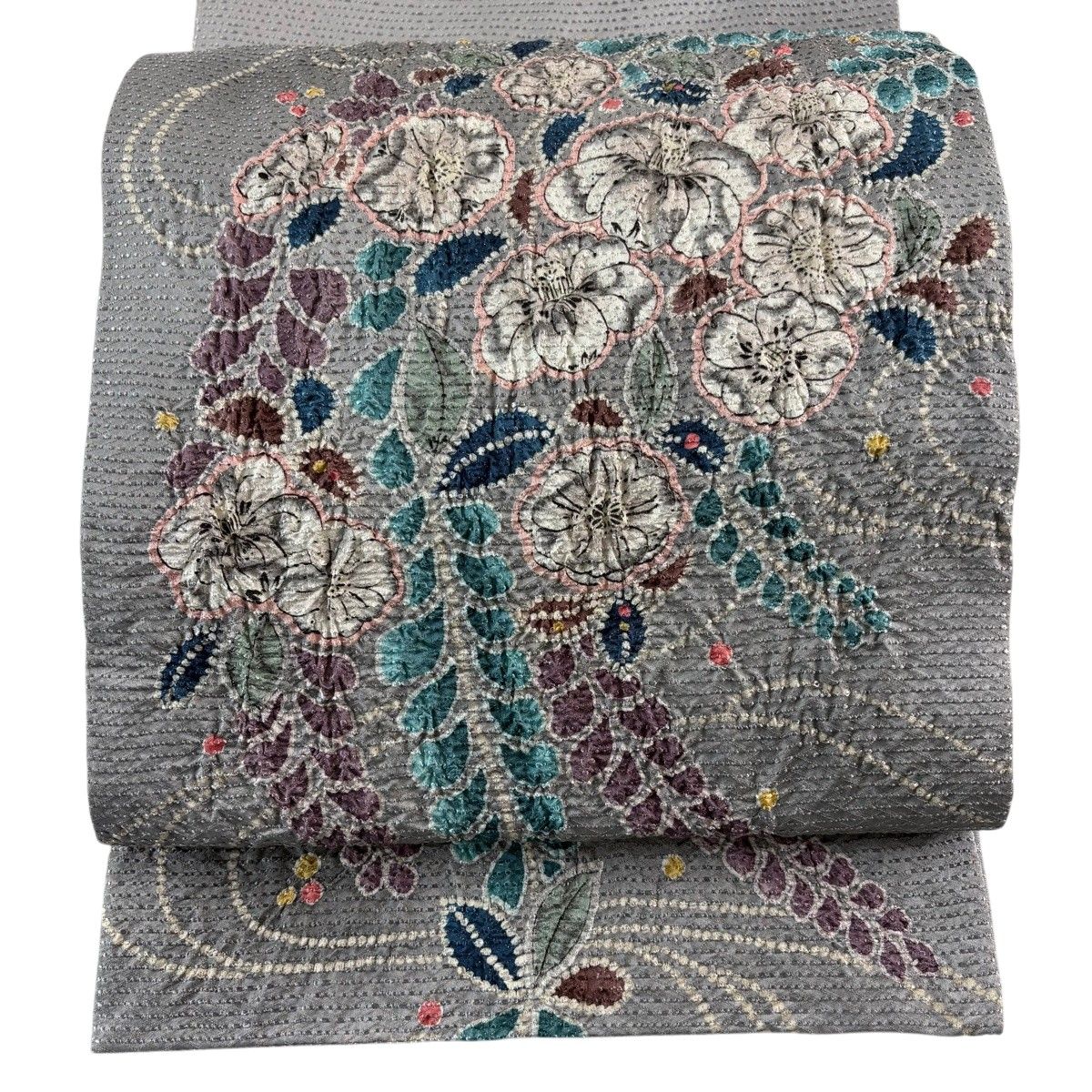 袋帯 名品 辻が花 金糸 絞り 灰色 お太鼓柄 正絹 【中古】