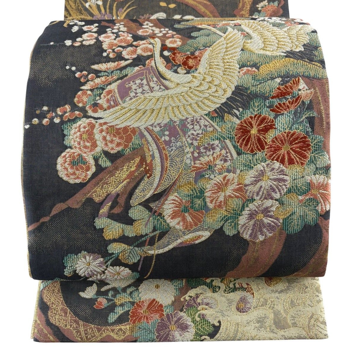 【美品】 袋帯 名品 証紙 手先二通り 鶴 菊 金糸 刺繍 灰色 お太鼓柄 正絹 【中古】