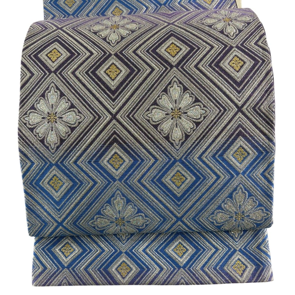 【美品】 袋帯 名品 花 菱 金銀糸 箔 紫 六通 正絹 【中古】