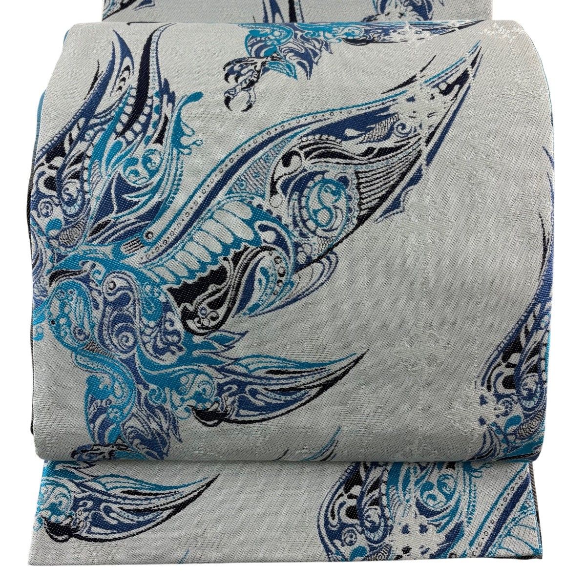 【美品】 袋帯 名品 鳳凰 刺繍 灰色 全通 正絹 【中古】