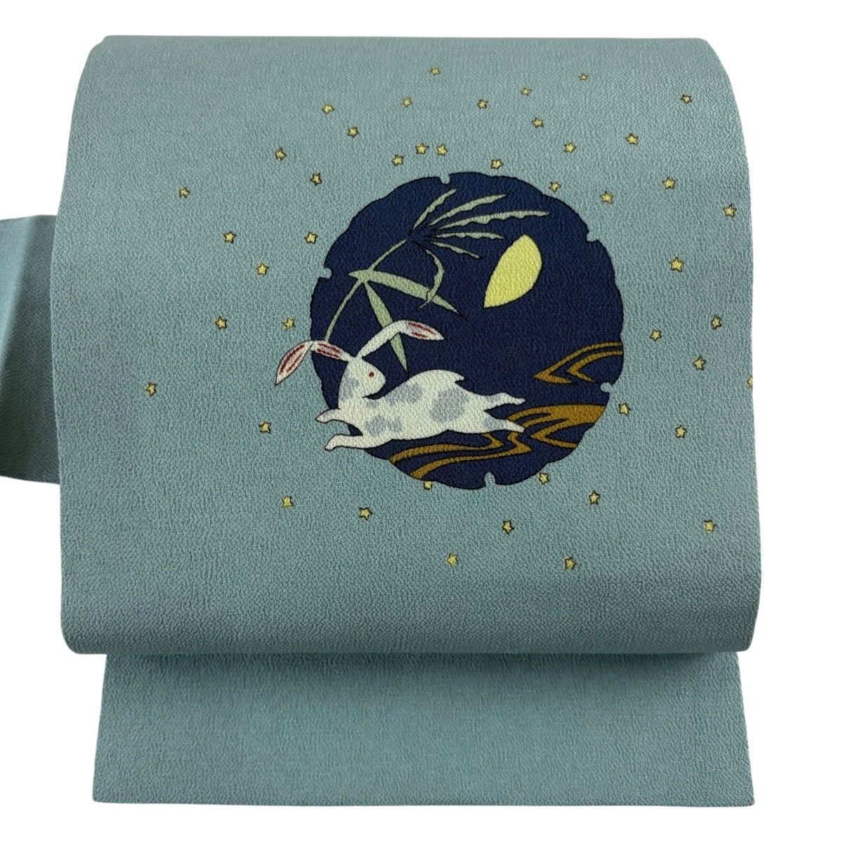 【美品】 名古屋帯 名品 うさぎ 月 縮緬 水色 正絹 【中古】