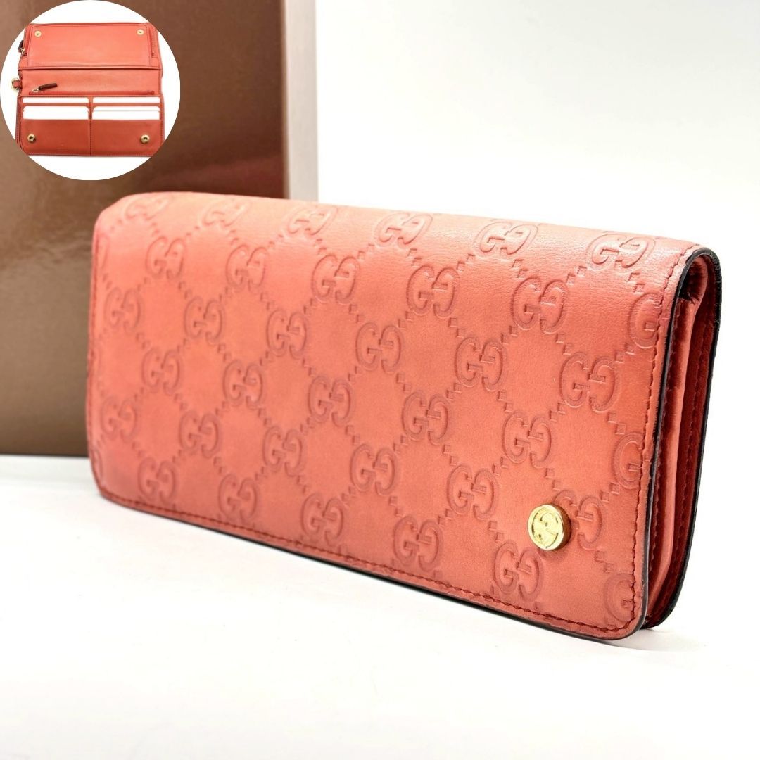 【余韻に色を差す】　GUCCI　グッチシマ インターロッキング 二つ折り長財布 ラウンドファスナー レザー　サーモンピンク