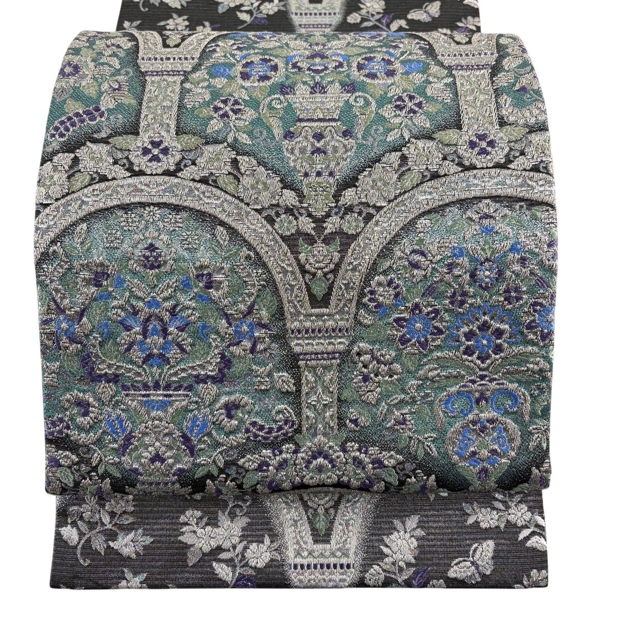 【美品】 袋帯 名品 花器 蝶 銀糸 箔 銀色 お太鼓柄 正絹 【中古】
