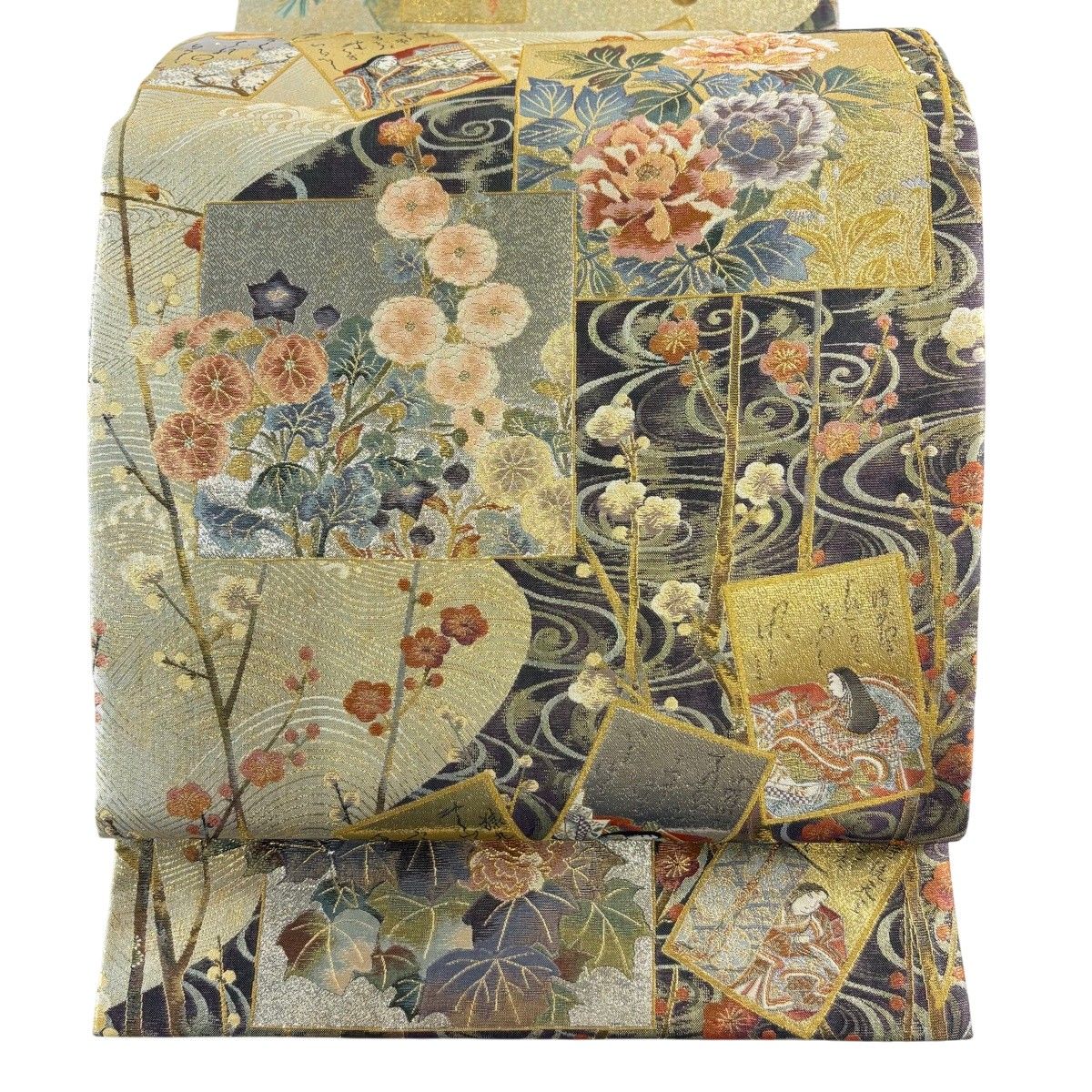 【美品】 丸帯 名品 松尾光琳 落款 証紙 草花 色紙 金糸 箔 金色 お太鼓柄 正絹 【中古】