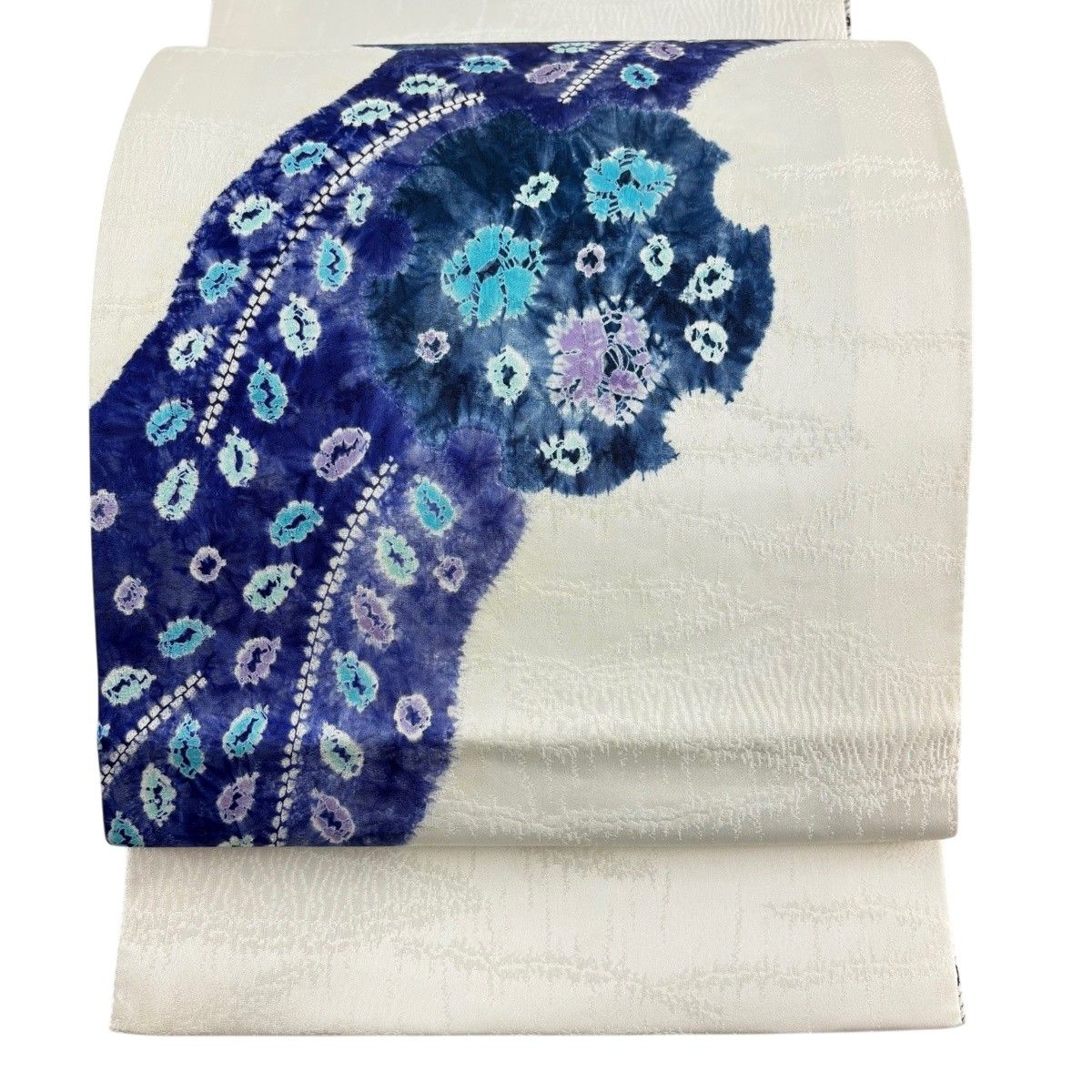 袋帯 名品 雪輪 草花 絞り クリーム お太鼓柄 正絹 【中古】