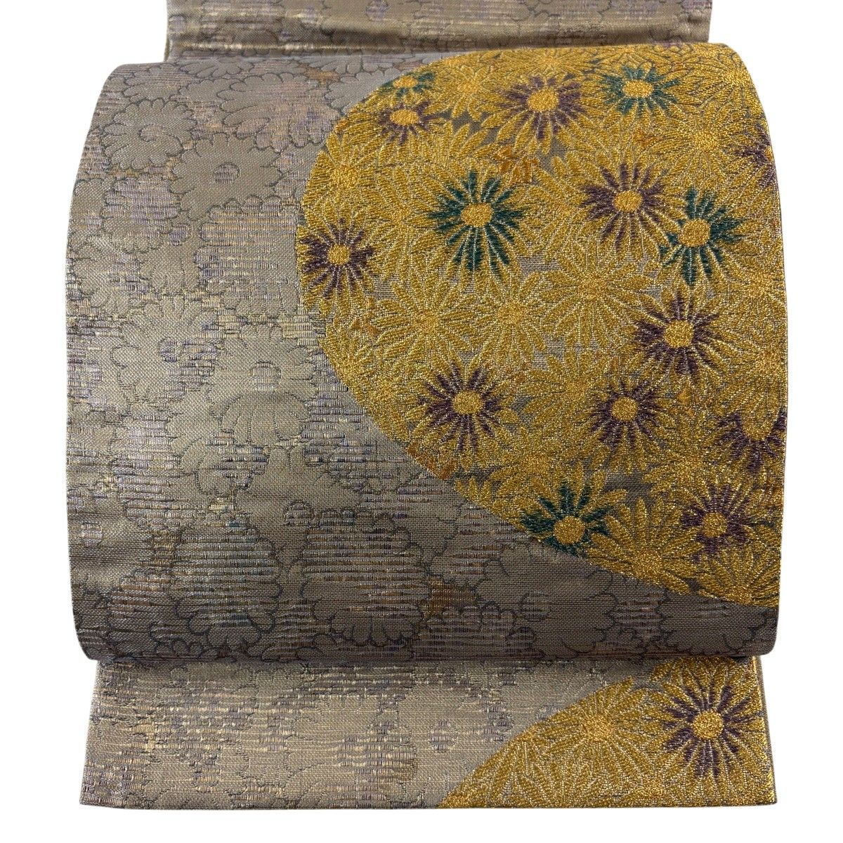 【美品】 袋帯 名品 花 金糸 灰茶 六通 正絹 【中古】