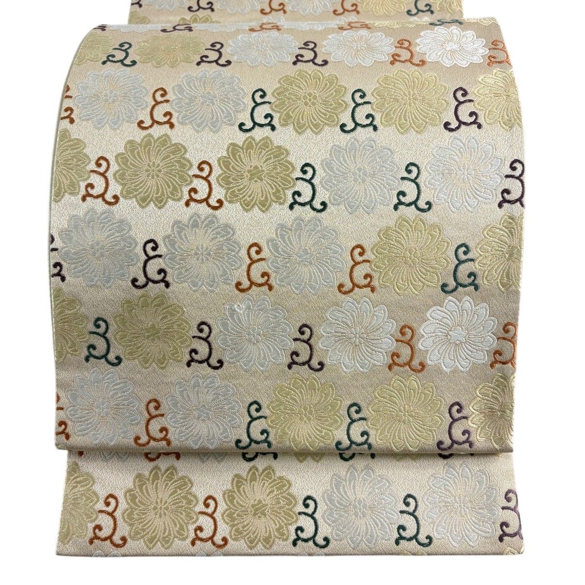 【美品】 袋帯 名品 ますいわ屋 幸菊 唐織 箔 ベージュ 六通 正絹 【中古】