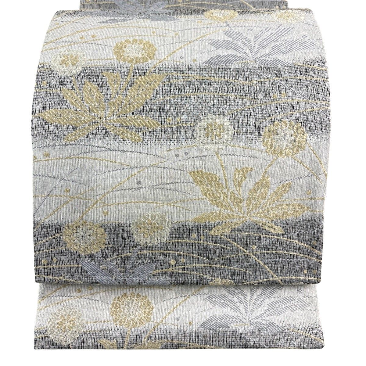 【美品】 袋帯 名品 たんぽぽ 段縞模様 灰色 六通 正絹 【中古】