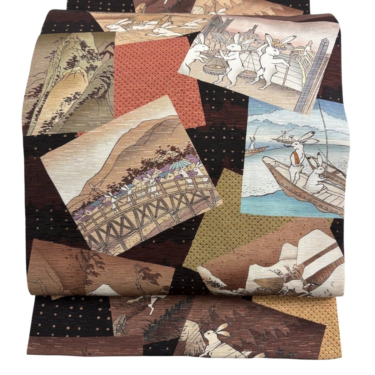 【美品】 袋名古屋帯 名品 うさぎ 風景 黒 正絹 【中古】