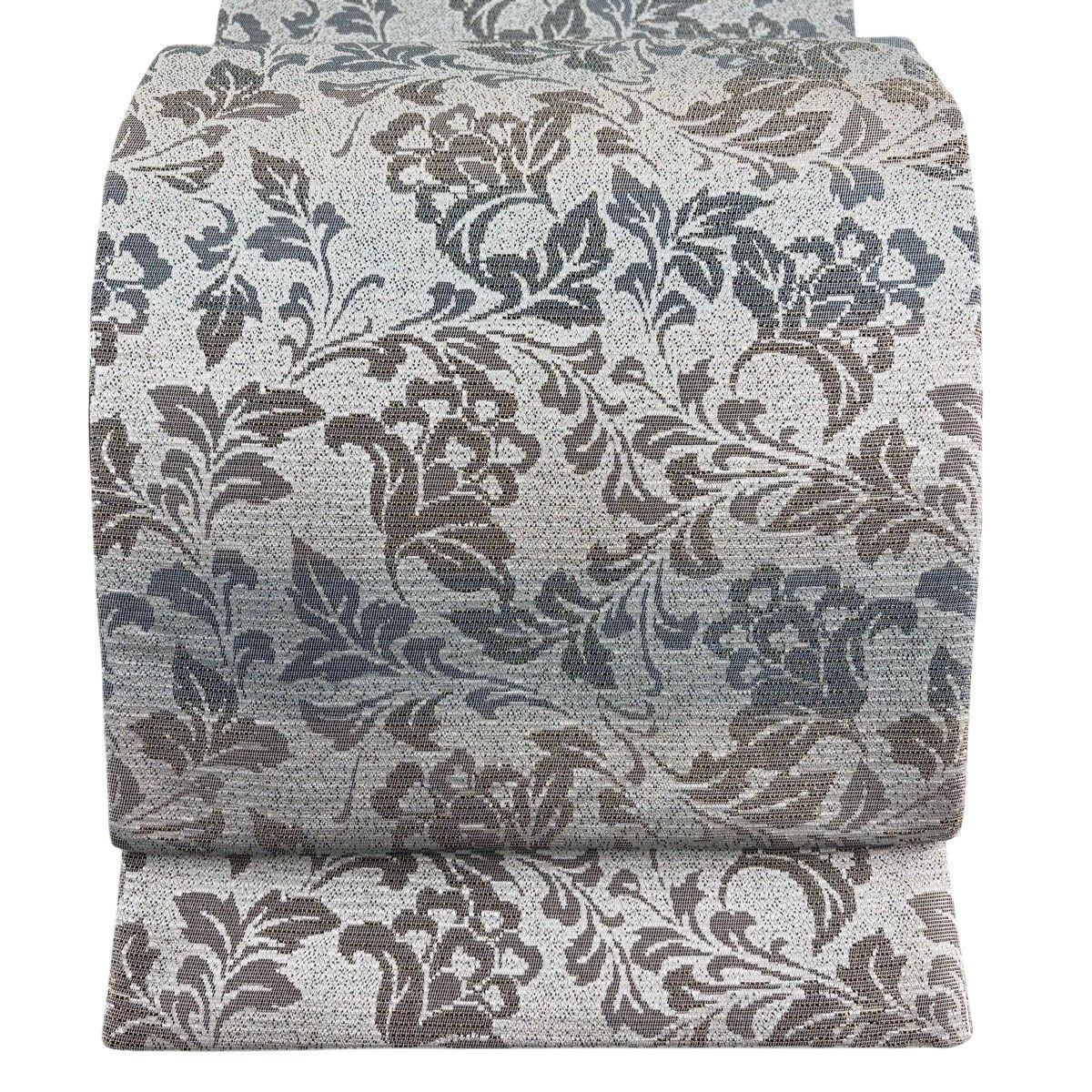 【美品】 袋帯 名品 花唐草 段縞模様 箔 青灰色 六通 正絹 【中古】