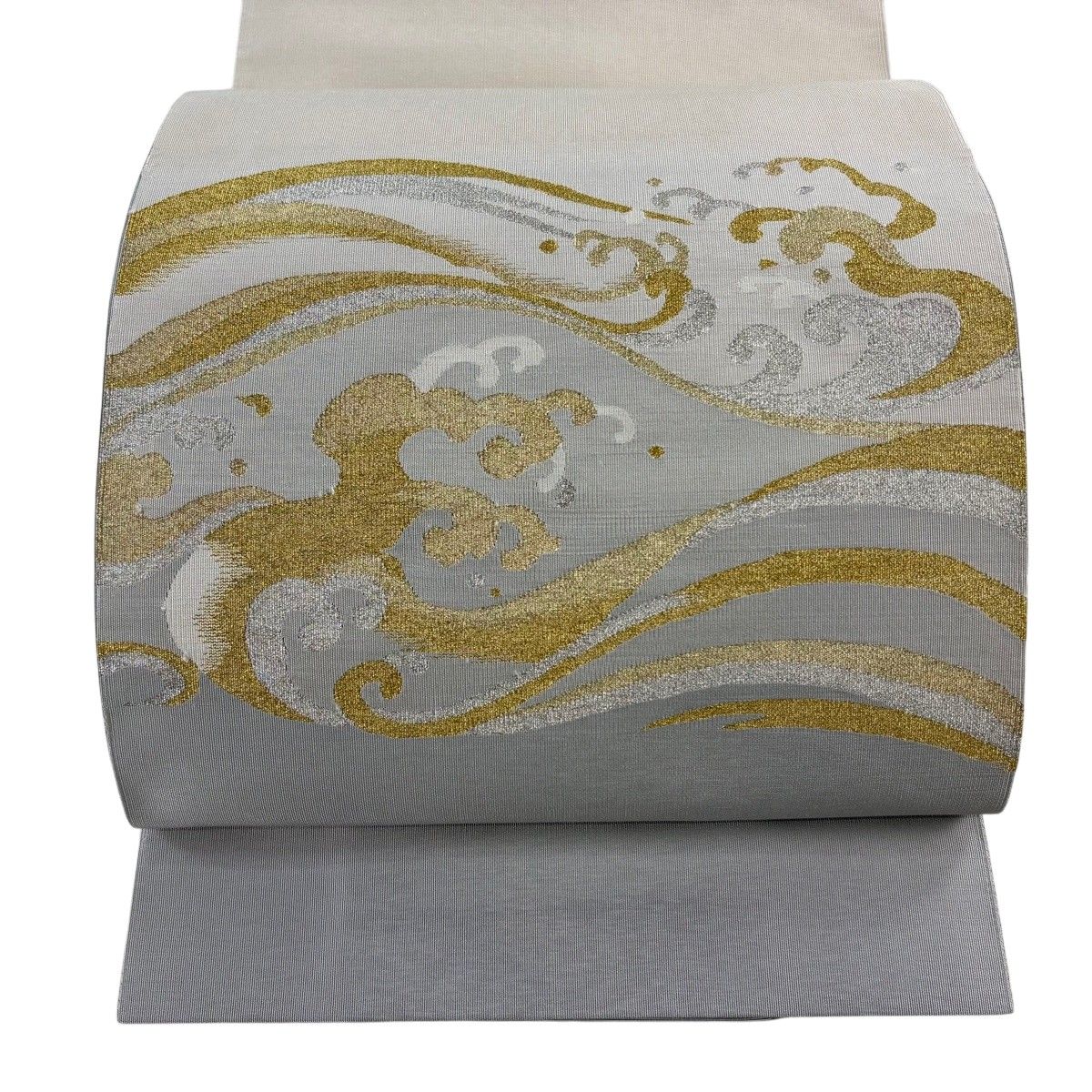 【美品】 名古屋帯 秀品 八寸名古屋帯 松葉仕立て トンネル仕立て 波頭 金銀糸 灰色 正絹 【中古】