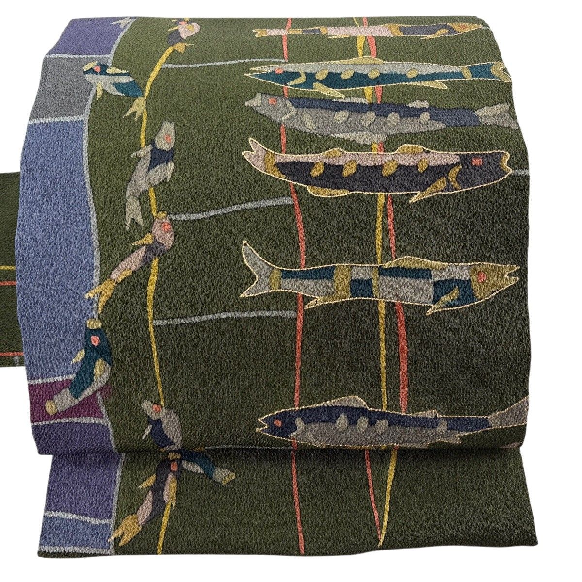 【美品】 名古屋帯 秀品 魚 金彩 縮緬 茶緑色 正絹 【中古】