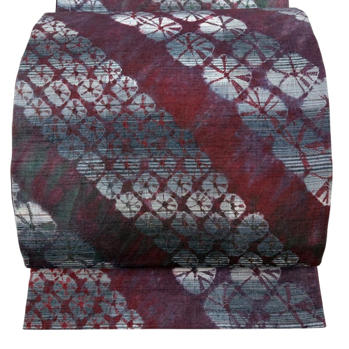 【美品】 袋帯 秀品 紬地 幾何学模様 赤紫 全通 正絹 【中古】