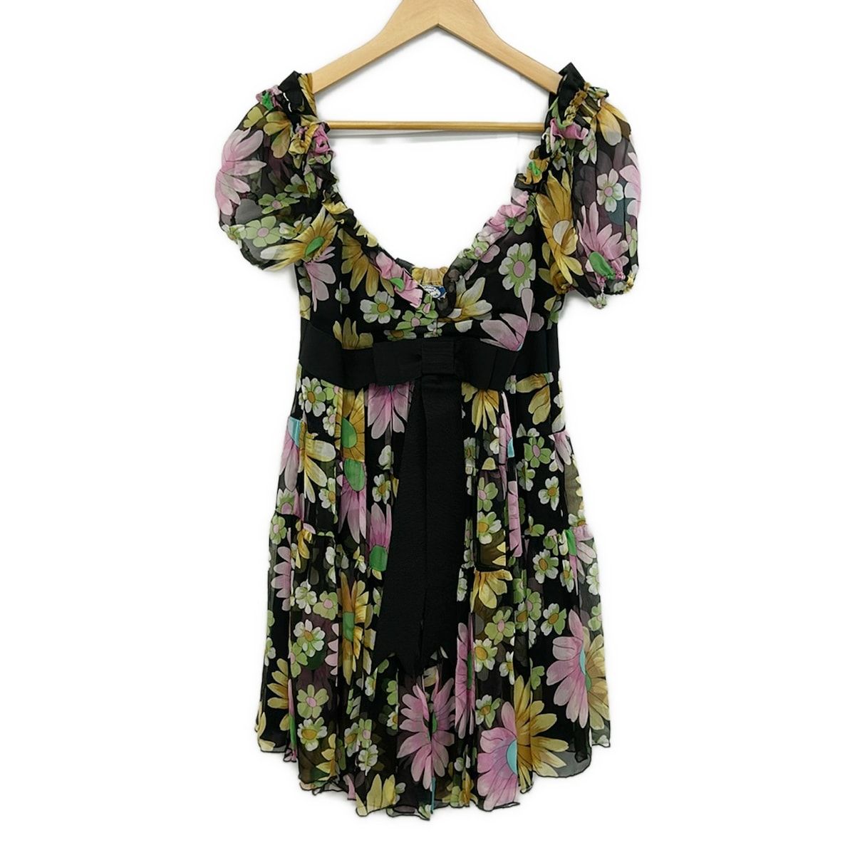 BLUGiRL BLUMARINE(ブルーガールブルマリン) ワンピース サイズI38 レディース美品 - 黒×マルチ 半袖/ミニ/シルク/花柄/リボン