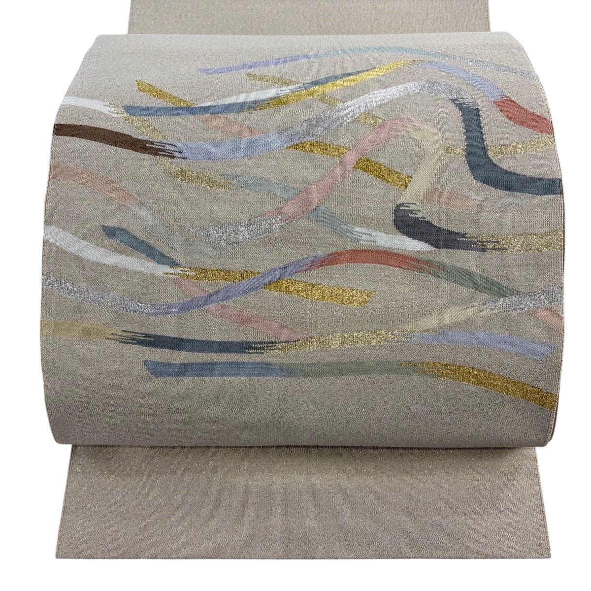 【美品】 名古屋帯 秀品 八寸名古屋帯 松葉仕立て 波 金銀糸 綴れ ベージュ 正絹 【中古】