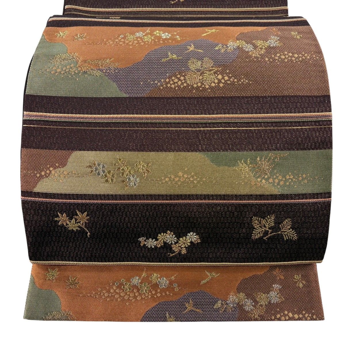 【美品】 袋帯 秀品 鳥 若松 金銀糸 箔 茶紫 六通 正絹 【中古】