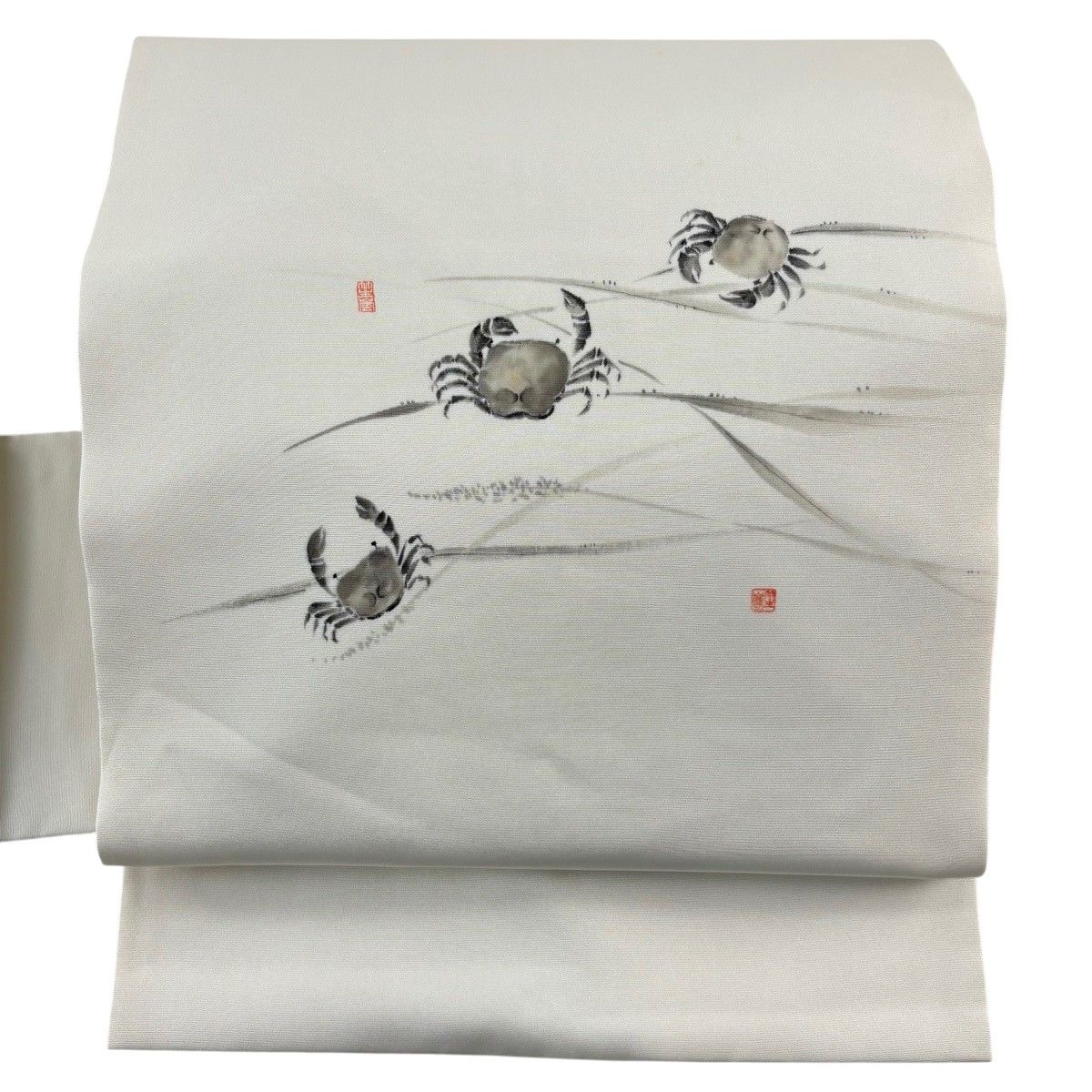名古屋帯 秀品 落款 カニ 葉柄 クリーム 正絹 【中古】