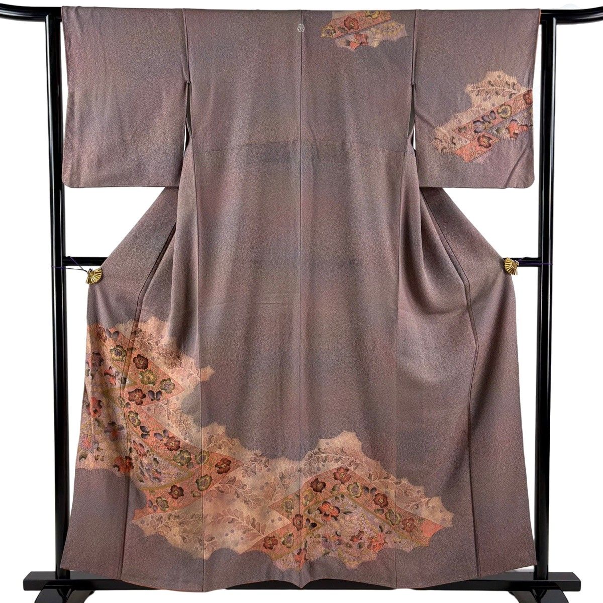 【美品】 訪問着 身丈158.5cm 裄丈62cm S 袷 草花 逆さ雲取 ぼかし 灰紫 正絹 秀品 一つ紋 【中古】