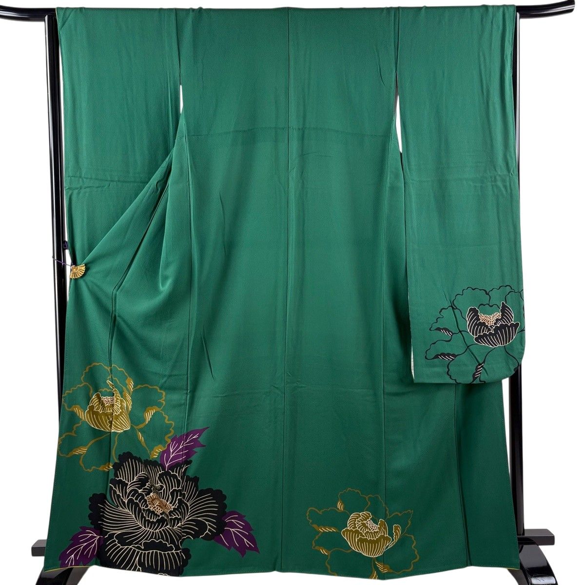 振袖 身丈166cm 裄丈65cm M 袷 牡丹 金彩 緑 正絹 秀品 【中古】