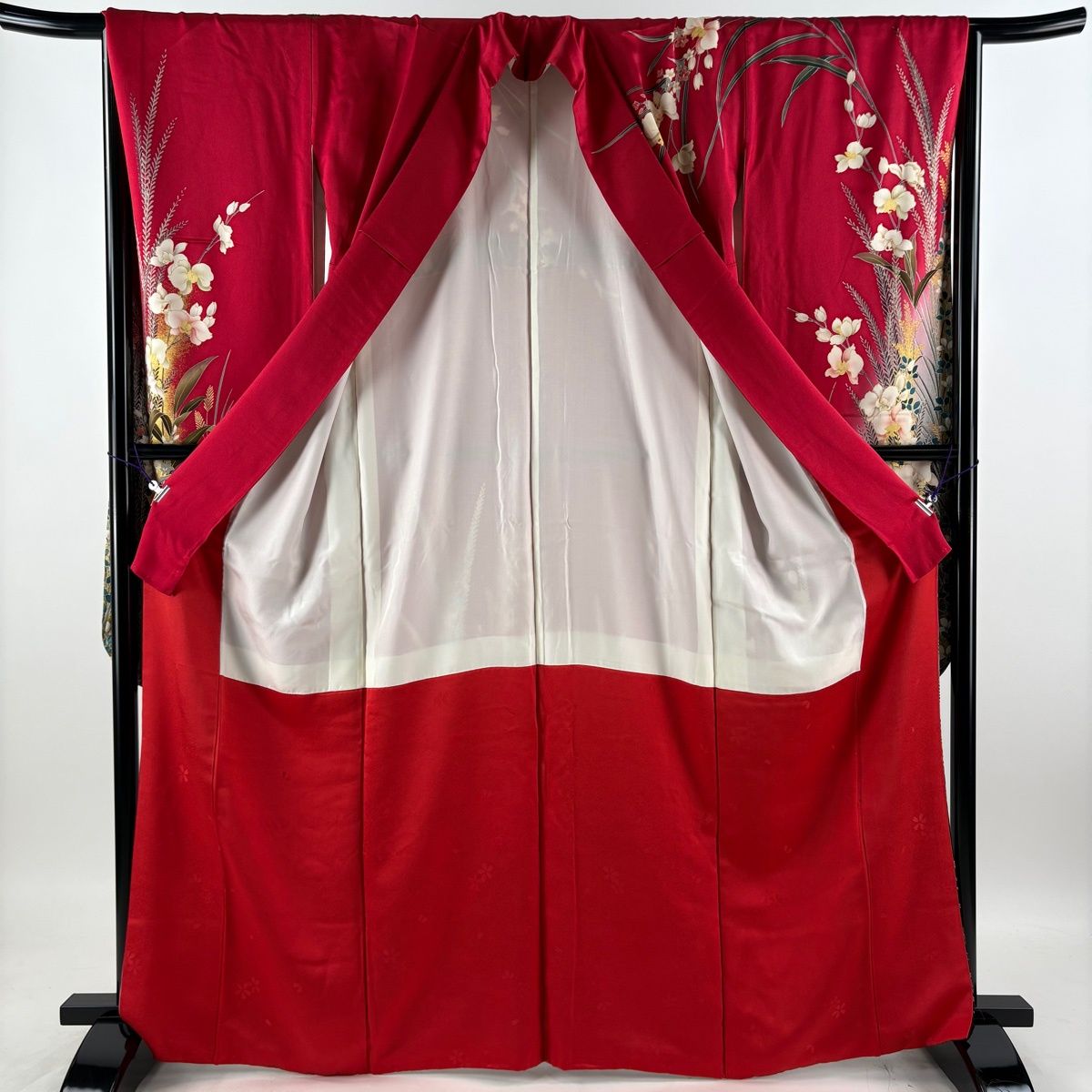 美品】 振袖 身丈167.5cm 裄丈67.5cm L 袷 胡蝶蘭 草花 金彩 ぼかし 赤 