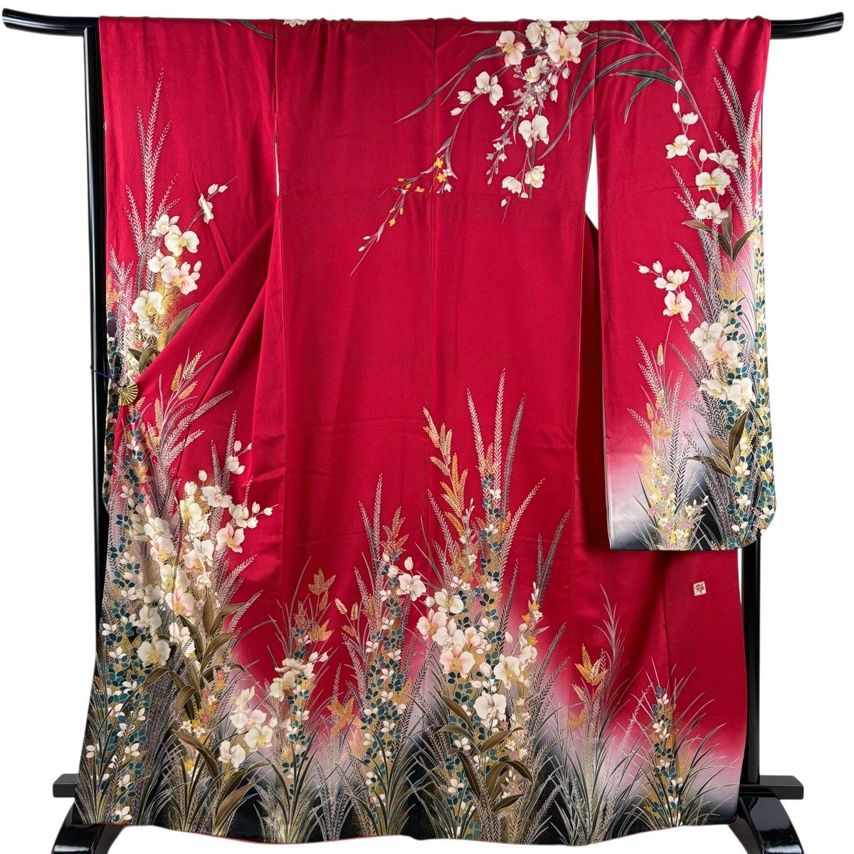 【美品】 振袖 身丈167.5cm 裄丈67.5cm L 袷 胡蝶蘭 草花 金彩 ぼかし 赤 正絹 秀品 【中古】