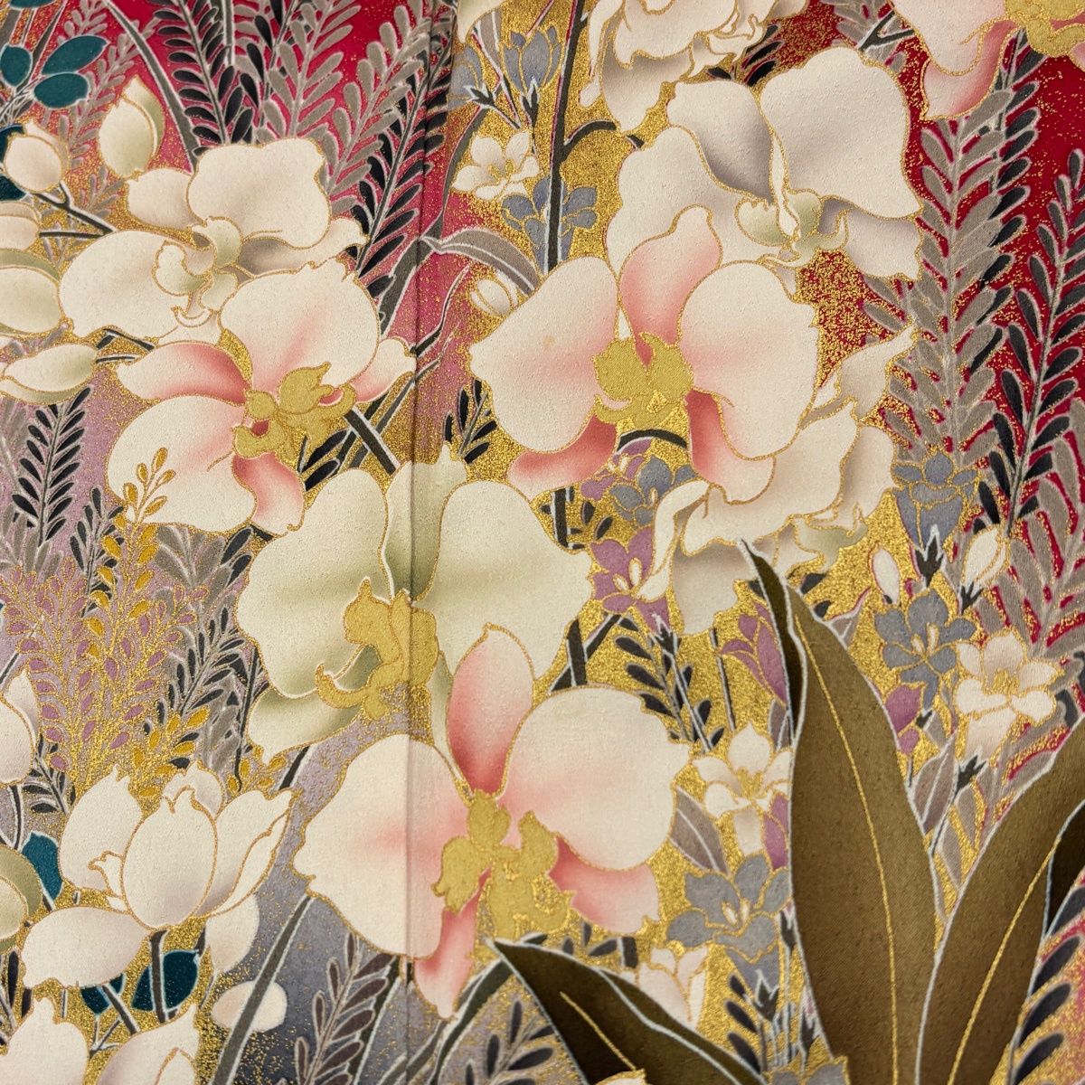美品】 振袖 身丈167.5cm 裄丈67.5cm L 袷 胡蝶蘭 草花 金彩 ぼかし 赤 