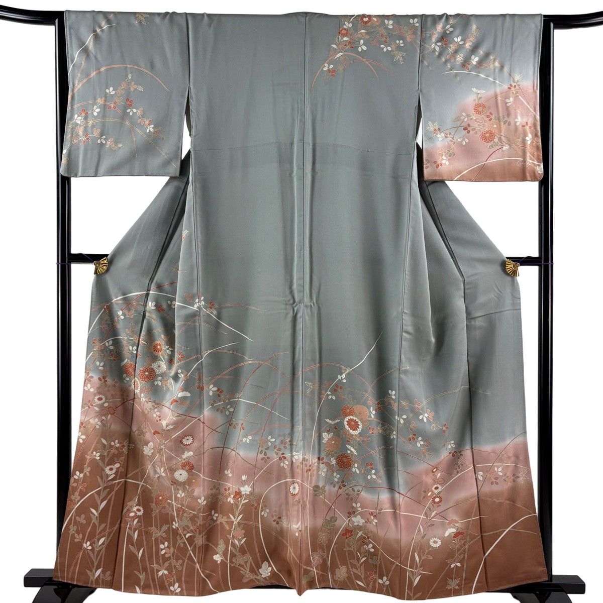 訪問着 身丈158.5cm 裄丈65cm M 袷 菊 萩 金彩 染め分け 灰緑 正絹 秀品 【中古】