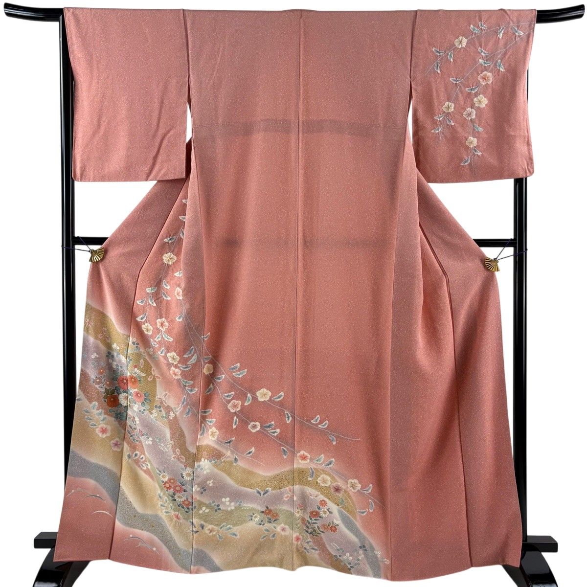 訪問着 身丈165.5cm 裄丈67cm M 袷 菊 枝垂れ桜 金彩 ぼかし サーモンピンク 正絹 秀品 【中古】