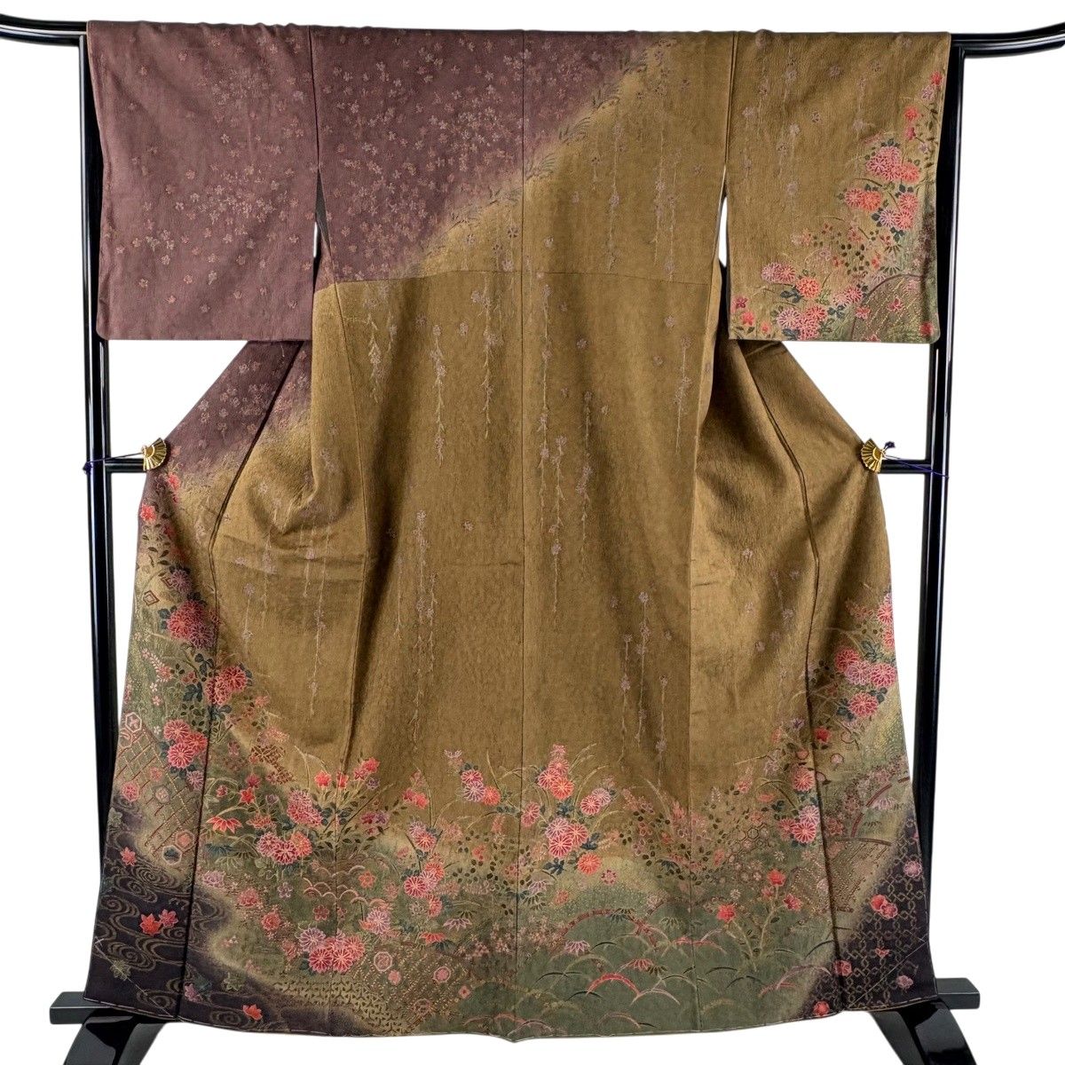 【美品】 訪問着 身丈161.5cm 裄丈66cm M 袷 草花 観世水 金彩 染め分け 茶色 正絹 秀品 【中古】