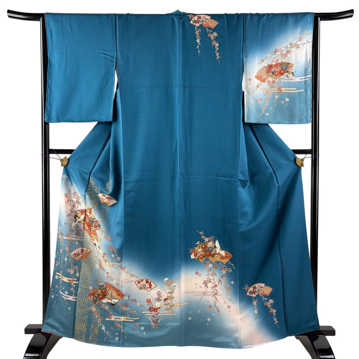 訪問着 身丈164.5cm 裄丈65cm M 袷 扇面 鶴 金彩 ぼかし 青緑 正絹 秀品 【中古】