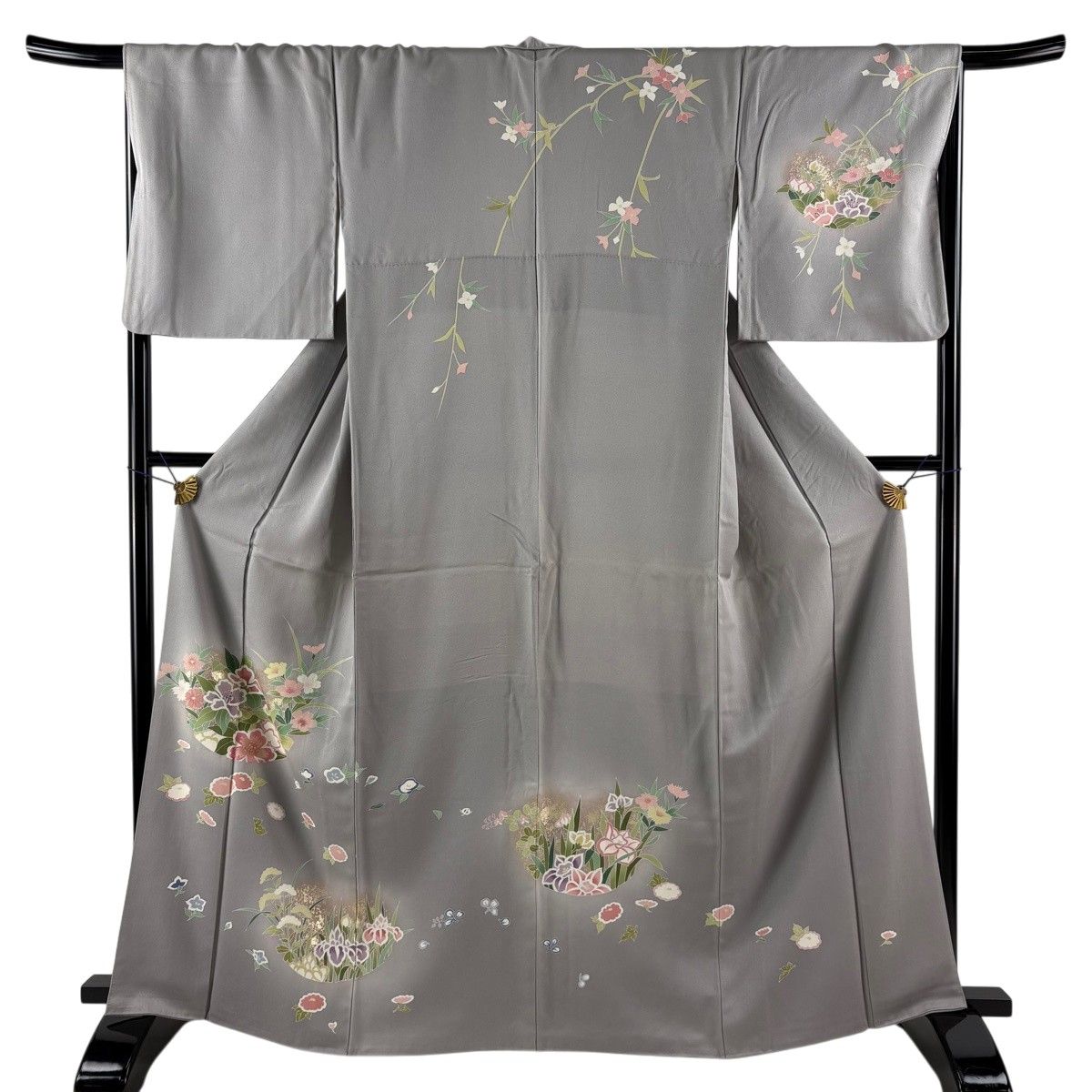訪問着 身丈165.5cm 裄丈67cm M 袷 草花 金銀彩 金糸 灰色 正絹 秀品 【中古】