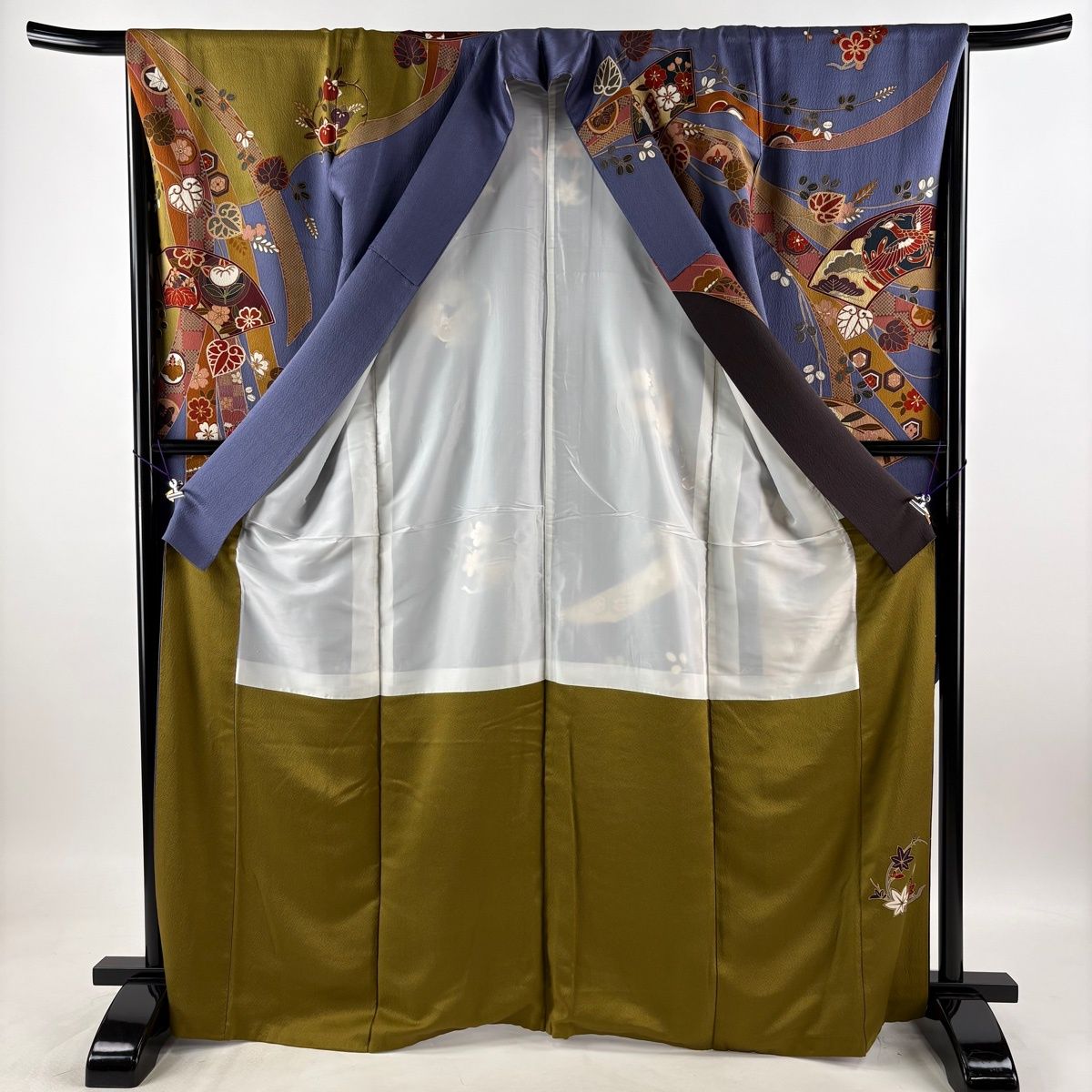 振袖 身丈167.5cm 裄丈66cm M 袷 扇面 蝶 金糸 金彩 青紫 正絹 秀品