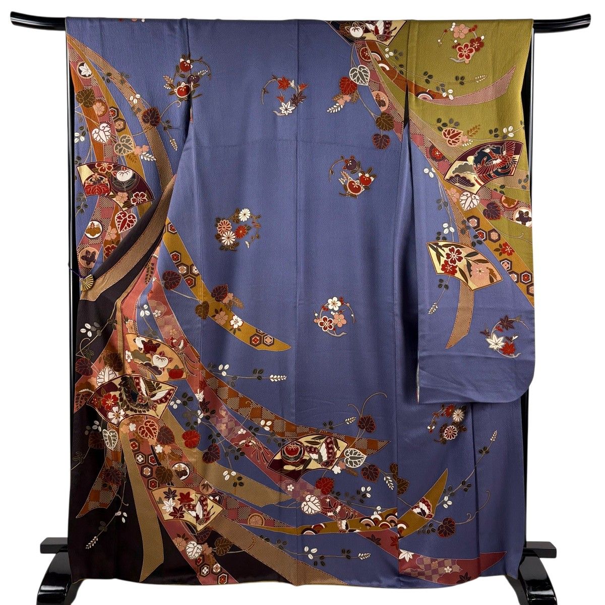 振袖 身丈167.5cm 裄丈66cm M 袷 扇面 蝶 金糸 金彩 青紫 正絹 秀品