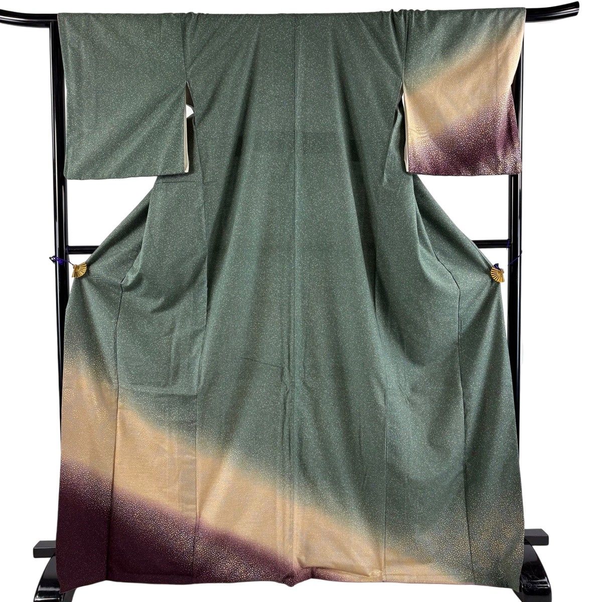 【美品】 付下げ 身丈170cm 裄丈67.5cm L 袷 紬地 幾何学模様 金銀彩 ぼかし 灰緑 正絹 秀品 【中古】