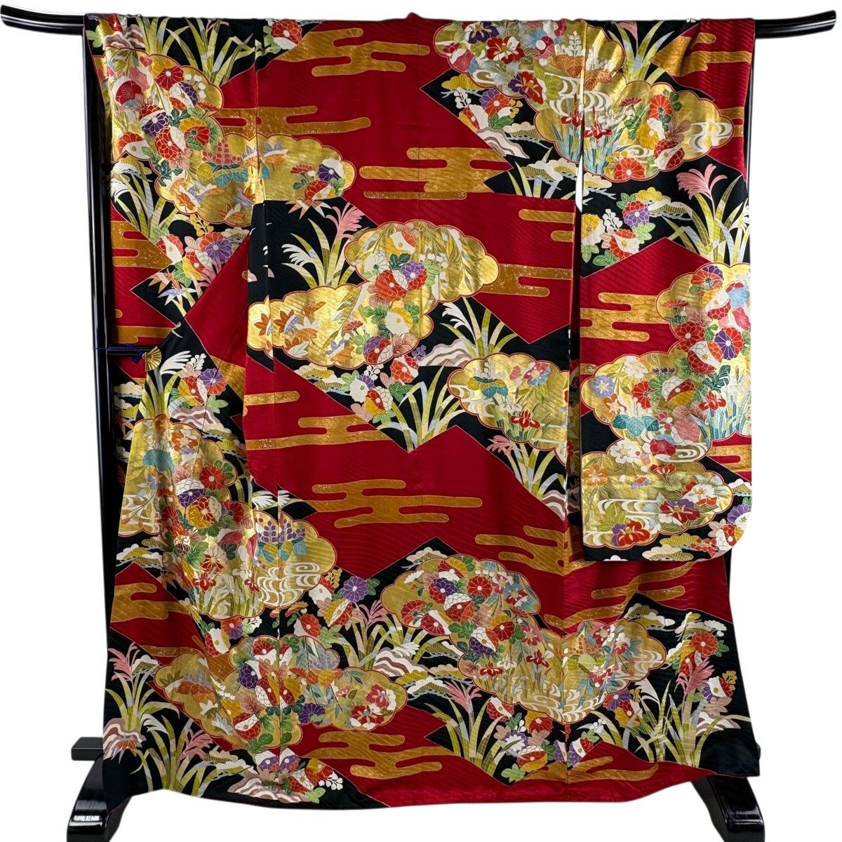 振袖 身丈166.5cm 裄丈70.5cm L 袷 菊 松竹梅 金糸 金彩 赤 正絹 秀品 【中古】