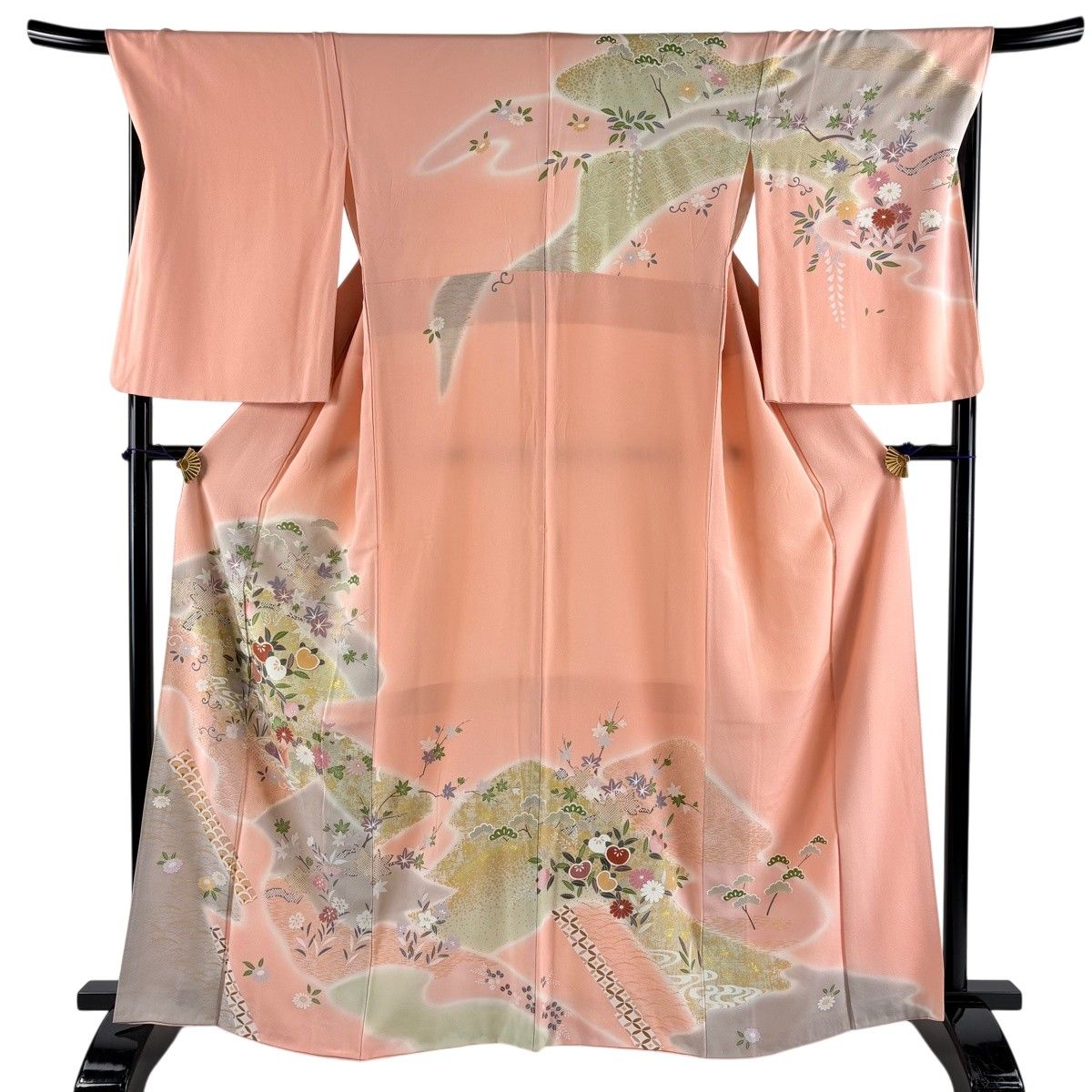 訪問着 身丈164cm 裄丈69cm L 袷 鴛鴦 橘 金糸 金彩 ピンク 正絹 秀品 【中古】