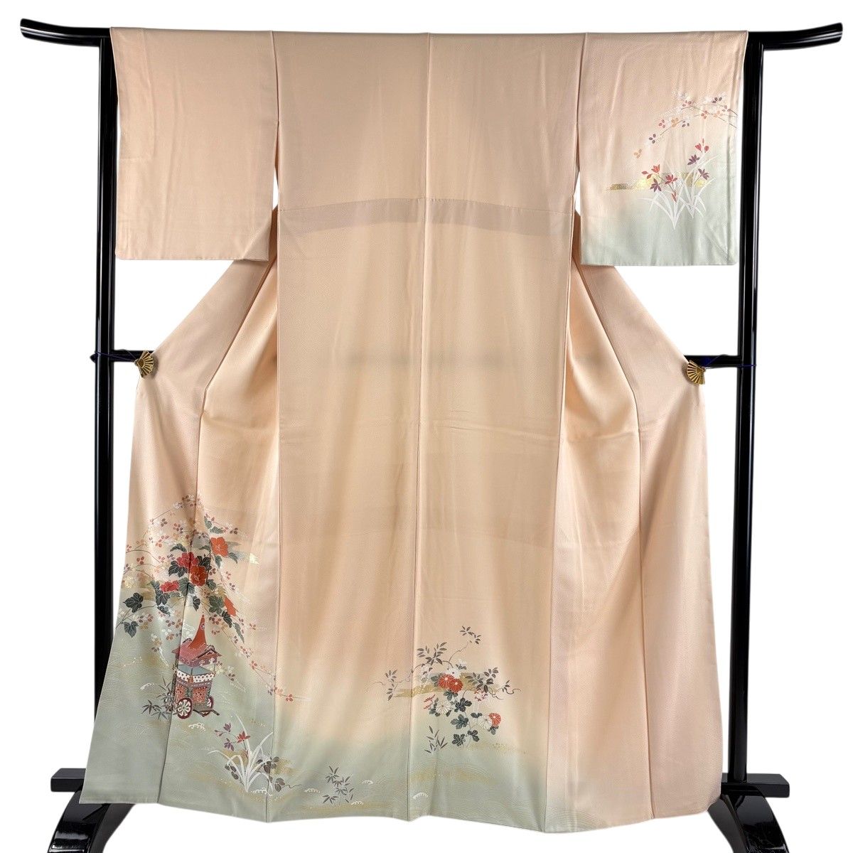 訪問着 身丈162cm 裄丈63.5cm S 袷 山鉾 草花 金銀彩 ぼかし ベージュ 正絹 秀品 【中古】
