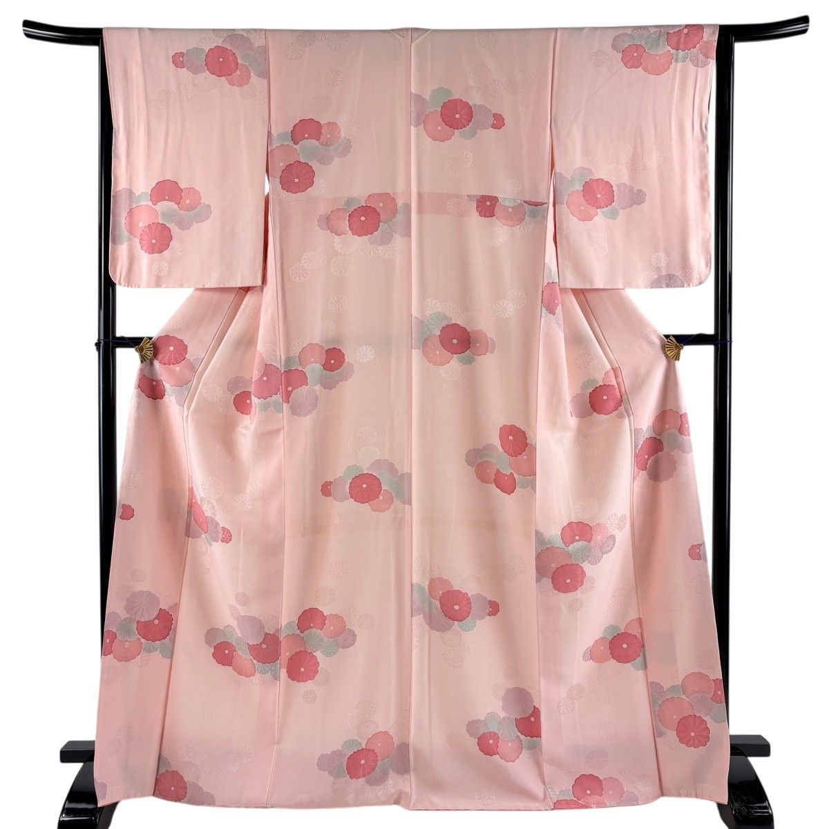 【美品】 小紋 身丈168cm 裄丈64cm M 袷 落款 菊 地紋 ピンク 正絹 秀品 【中古】