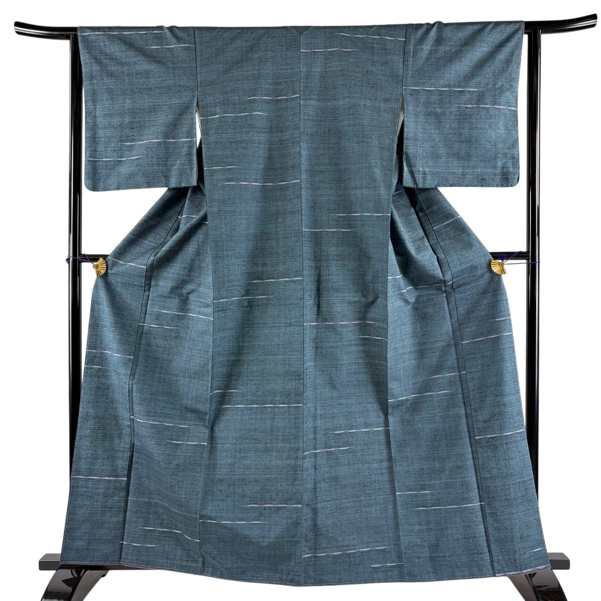 【美品】 紬 身丈161.5cm 裄丈63.5cm S 袷 幾何学模様 青緑 正絹 秀品 【中古】