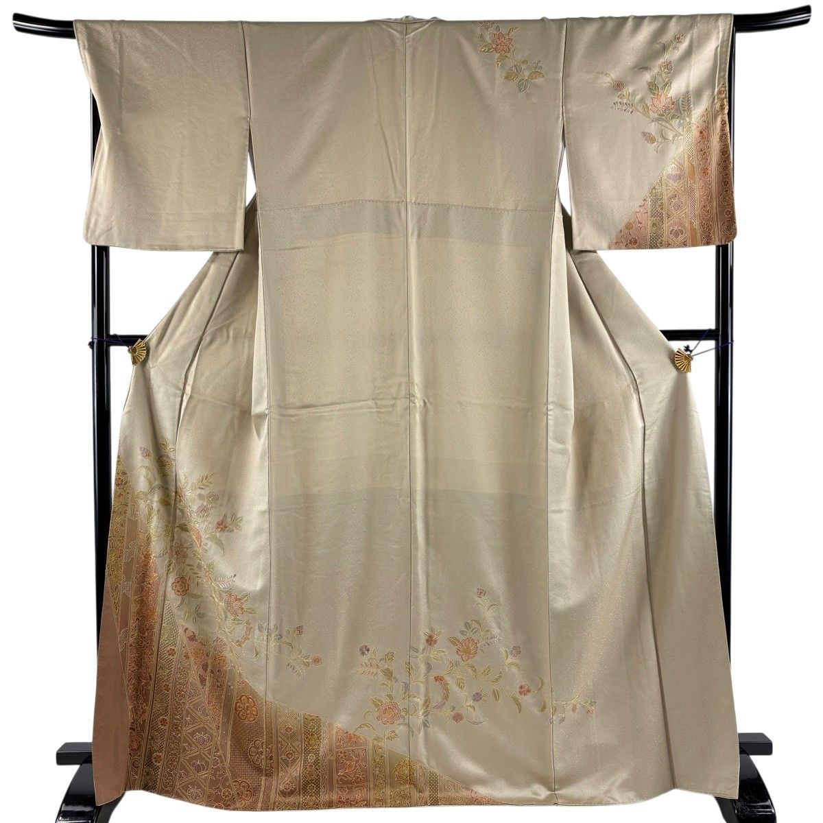 【美品】 訪問着 身丈167.5cm 裄丈69cm L 袷 草花 鳥 刺繍 灰茶 正絹 秀品 【中古】