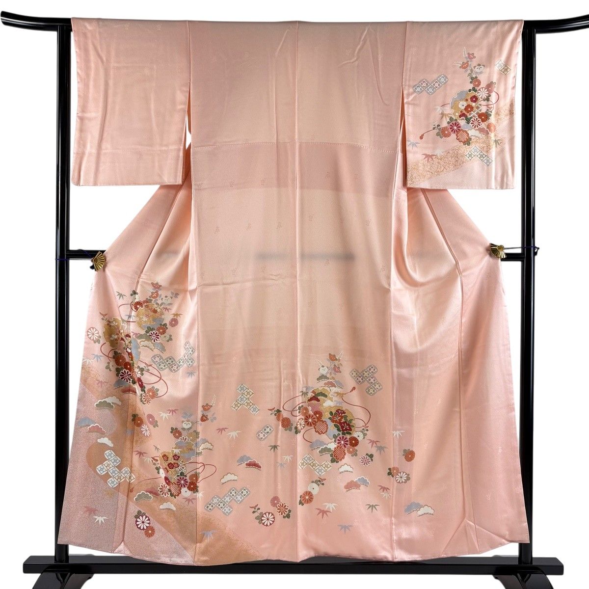 訪問着 身丈156cm 裄丈63cm S 袷 松竹梅 雪輪 金彩 ピンク 正絹 秀品 【中古】